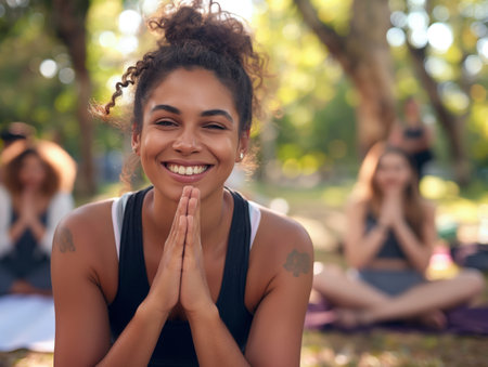 Smiling woman in yoga pose with group in the background, harmony in nature.の素材
