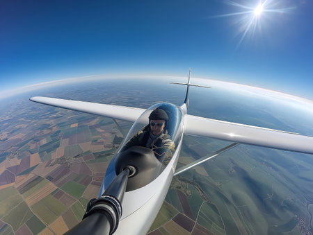 A glider pilot takes a selfie mid-flight, showcasing aerial views and adventure spirit.の素材