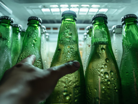 Close-up view of a hand selecting a beer bottle from a refrigerated shelf, condensation visible.の素材