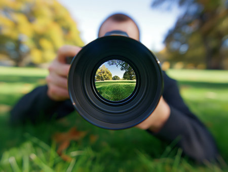 Man holding a camera lens with a clear, focused view of a tree in a park, symbolizing vision and focus.の素材