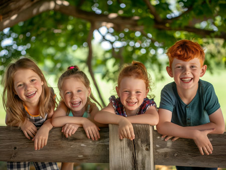 Four smiling children leaning on a wooden fence with a lush green background.の素材