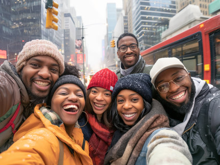 Group of happy friends sharing a joyful moment with a selfie on a snowy city street.の素材