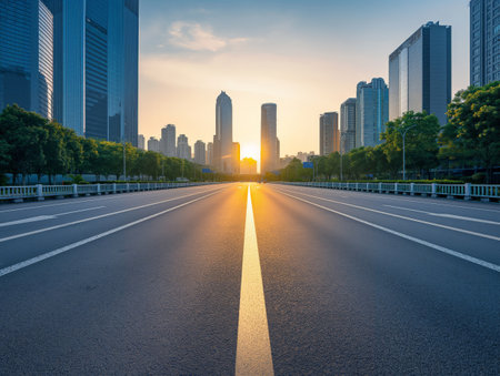 Empty city road with sunrise between skyscrapers, symbolizing new beginnings or opportunities.の素材