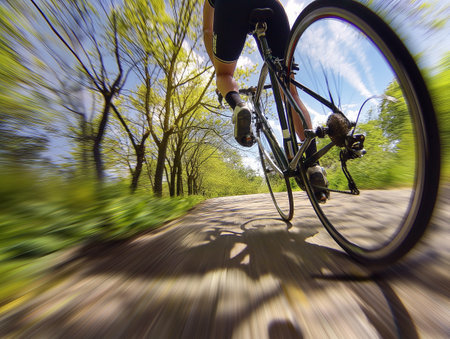 Close-up of a cyclists lower body pedaling along a scenic trail, motion blur conveys speed and movement.の素材