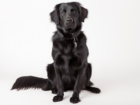 A glossy black dog sits alertly, looking slightly aside with a white backdrop.の素材