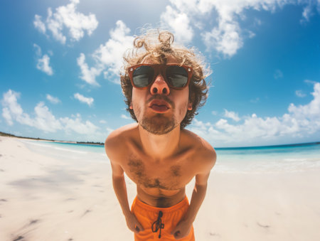 A playful close-up of a man with tousled hair and sunglasses at the beach, pouting lips, and a sunny backdrop.の素材