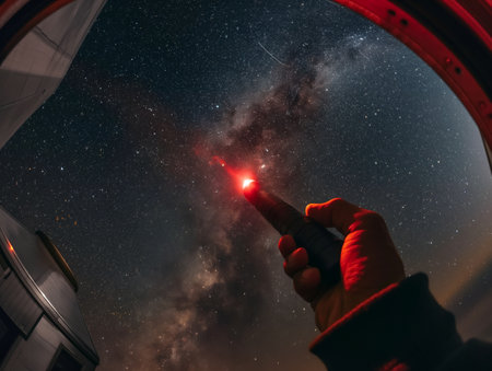 A hand pointing a red light towards the Milky Way in a night sky, conceptualizing discovery and exploration.の素材