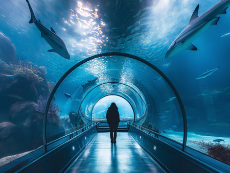 A person stands in an aquarium tunnel, observing sharks and marine life around them, under a serene blue sea.の素材