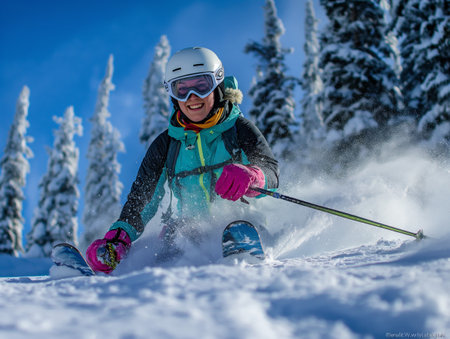 Skier in action on a bright sunny day, powder snow spraying around as she carves through the slope.の素材