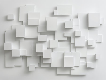 A collection of white squares and rectangles arranged in a creatively abstract pattern on a white background.の素材