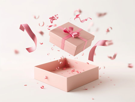 An open pink gift box with a ribbon and floating confetti creating a festive atmosphere.の素材
