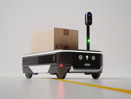 An autonomous delivery robot with cargo box on board stopped at a green traffic light in a neutral setting.の素材