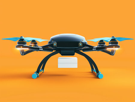 A sleek black quadcopter drone with blue accents positioned on an orange backdrop symbolizing technology and innovation.の素材