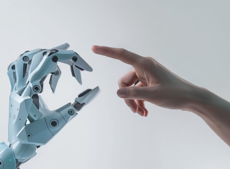A human hand and a robotic hand extend towards each other against a white background symbolizing human-robot interaction.の素材