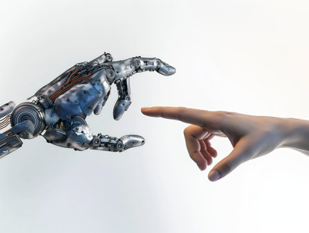 A mechanical robotic hand reaching towards a human hand, symbolizing the connection between humans and technology.の素材