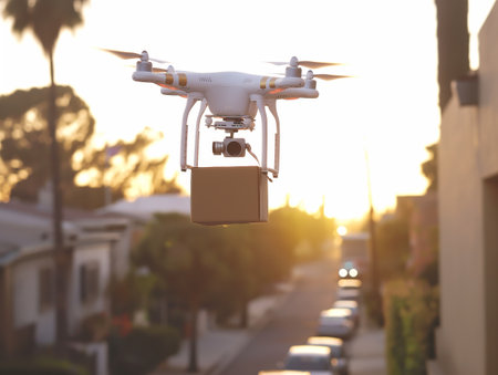 Drone carrying a package flying over a residential street at sunset.の素材