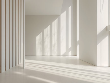A serene white minimalist space bathed in natural light, creating a play of shadows and lines.の素材
