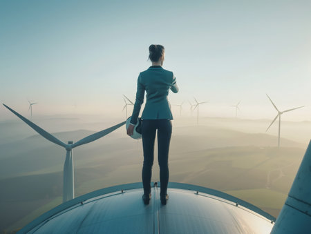 A woman in business attire standing atop a wind turbine, gazing at a renewable energy landscape.の素材