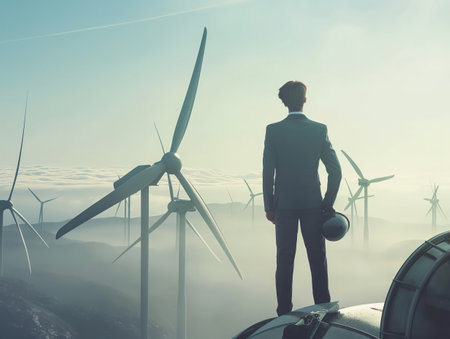A businessman overlooks a sustainable wind energy farm, symbolizing forward-thinking leadership.の素材
