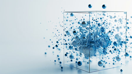 Blue spheres interacting with a transparent cube in a minimalistic composition.の素材
