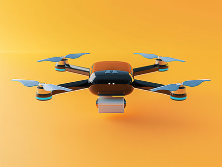 A sleek quadcopter drone with a package, hovering against a vibrant orange backdrop, symbolizing modern delivery methods.の素材