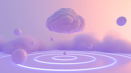 A dreamlike scene with floating spheres and a cloud-like form over a landscape with radiant circles.の素材