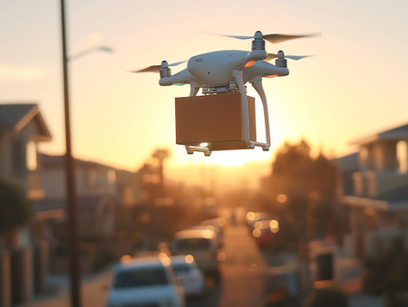 Drone with package flying over suburban neighborhood during golden hourの素材