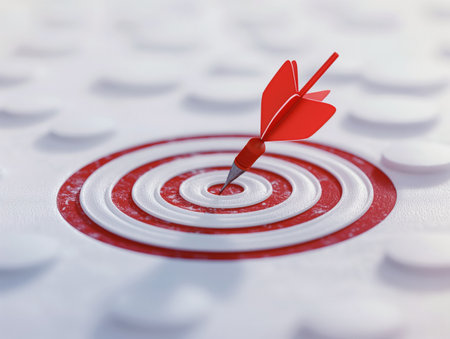 A dart stuck in the center of a target, symbolizing precision, success, and goal achievement.の素材
