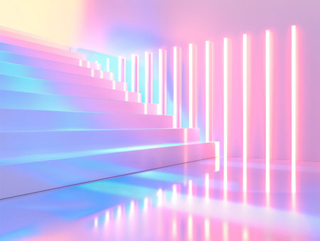 Colorful neon-lit staircase with glowing vertical tubes in a minimalist futuristic design.の素材