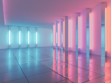 A vibrant interior with neon lights reflecting on glossy floor, evoking futuristic and minimalistic aesthetics.の素材