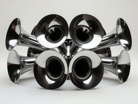 A conceptual arrangement of shiny musical horn bells reflecting light and each other.の素材