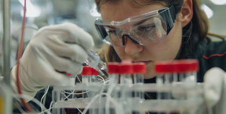 Close-up of a focused female researcher conducting a scientific experiment with test tubes in a lab.の素材