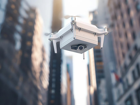 A drone with a camera flying between high-rise buildings in a cityscape, highlighting modern surveillance technology.の素材