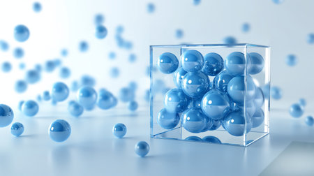 A conceptual image featuring blue spheres inside and around a clear box on a white surface.の素材