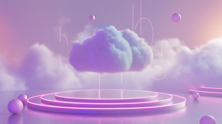 A whimsical scene featuring a fluffy cloud floating above a neon-lit platform, surrounded by abstract shapes and a pastel-colored sky.の素材