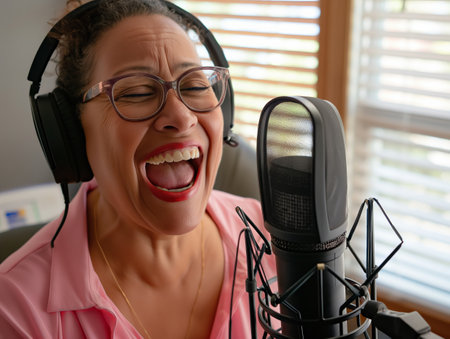 A laughing woman recording a podcast, her expression conveying genuine happiness and enthusiasm.の素材