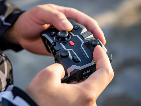 Hands holding a game controller, emphasizing the action of playing and control.の素材