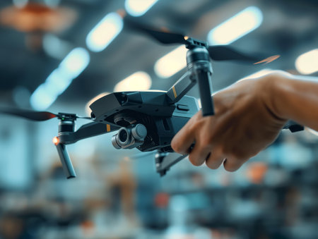 Close-up of a hand preparing to launch a drone with illuminated lights in an industrial settingの素材