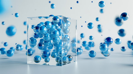 Transparent glass cube filled with blue spheres, isolated spheres floating in white space.の素材