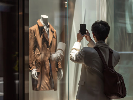 An individual capturing a mannequin dressed in a trench coat through a shop window using a smartphone.の素材
