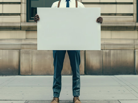 A man in a suit holding a large, empty white signboard in front of a building, ideal for messages and advertisements.の素材