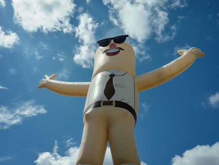 Large inflatable figure with sunglasses and tie welcomes with open arms under a clear blue sky.の素材