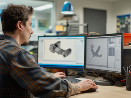 Professional working on CAD design of a mechanical component with dual monitors.の素材