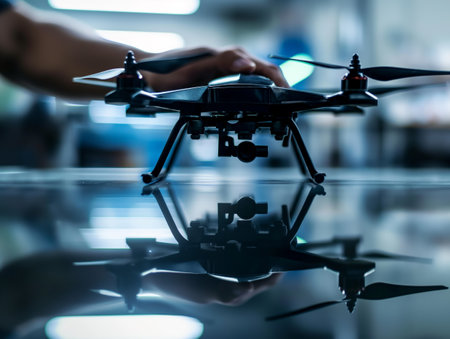 A persons hand setting up a quadcopter drone with visible propellers against a blurred background, reflecting on a shiny surfaceの素材