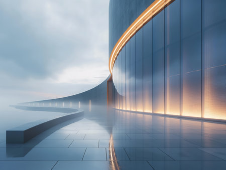 A contemporary building with curved lines and illuminated accents under a cloudy sky.の素材