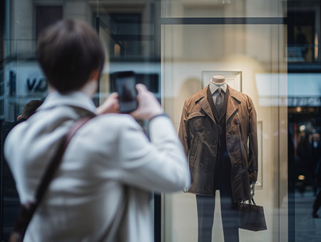 Person photographing a stylish mannequin outfit through a shop window.の素材