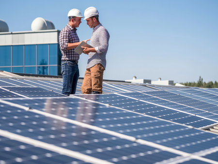 Two engineers with hard hats on a solar farm, analyzing data on a tablet.の素材