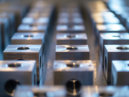 A close-up view of uniformly arranged, precisely machined metal components with selective focus.の素材