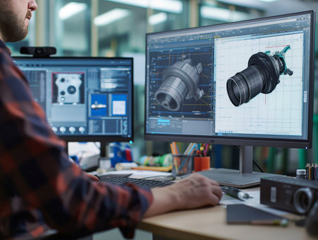 Professional working on lens design using advanced CAD software in a tech-filled office environment.の素材