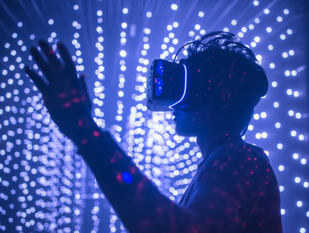 Silhouette of person using VR headset amid vibrant LED lights creating a futuristic ambiance.の素材
